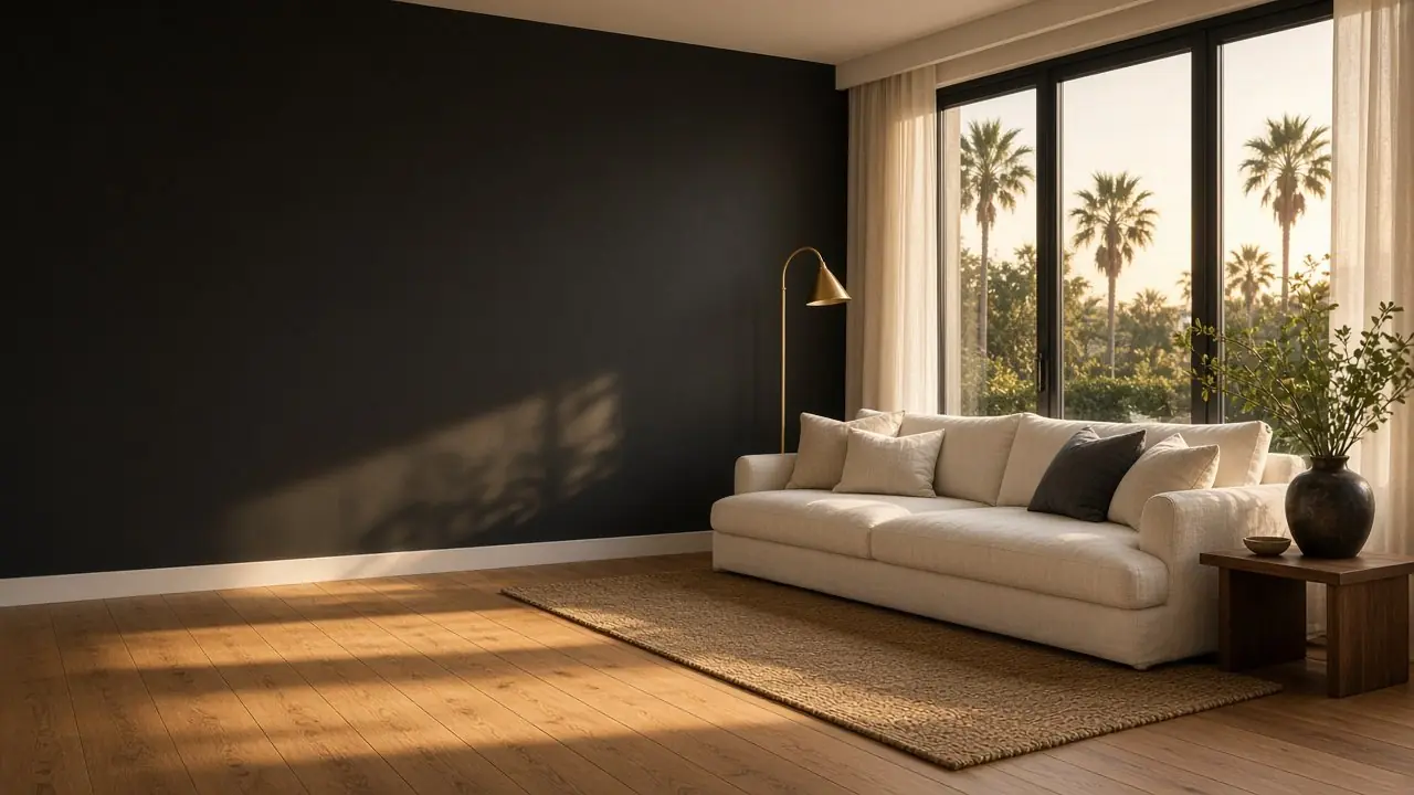 Sunlit living room with ivory sofa and palm views