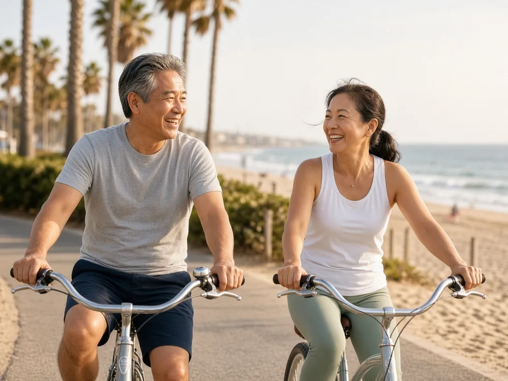 Active couple riding bicycles along a Southern California beach path