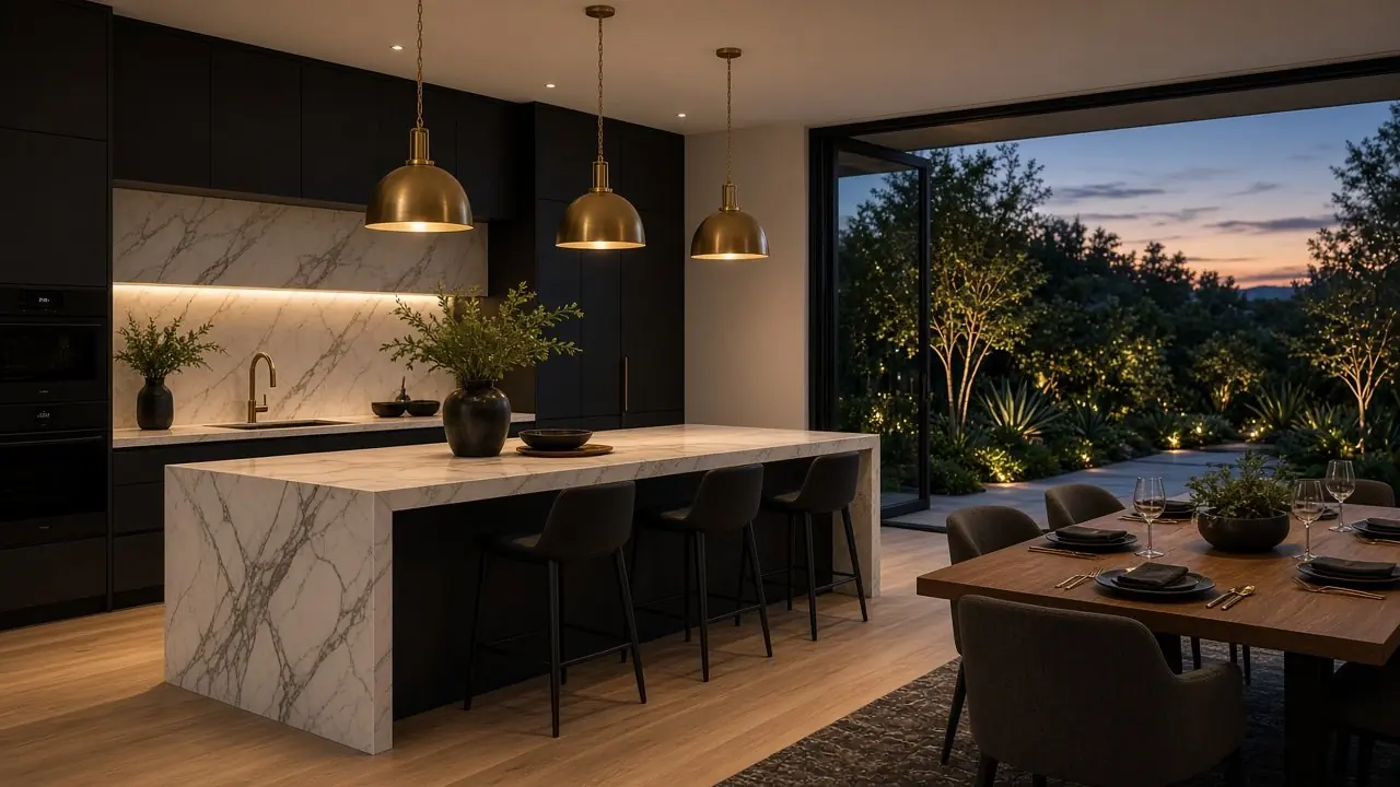 Modern kitchen with marble island and brass pendants