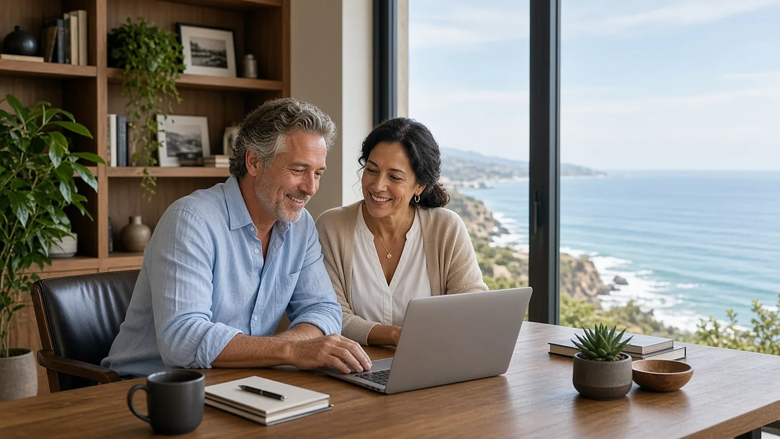 Couple in their 50s planning on a laptop in a home office with an ocean view