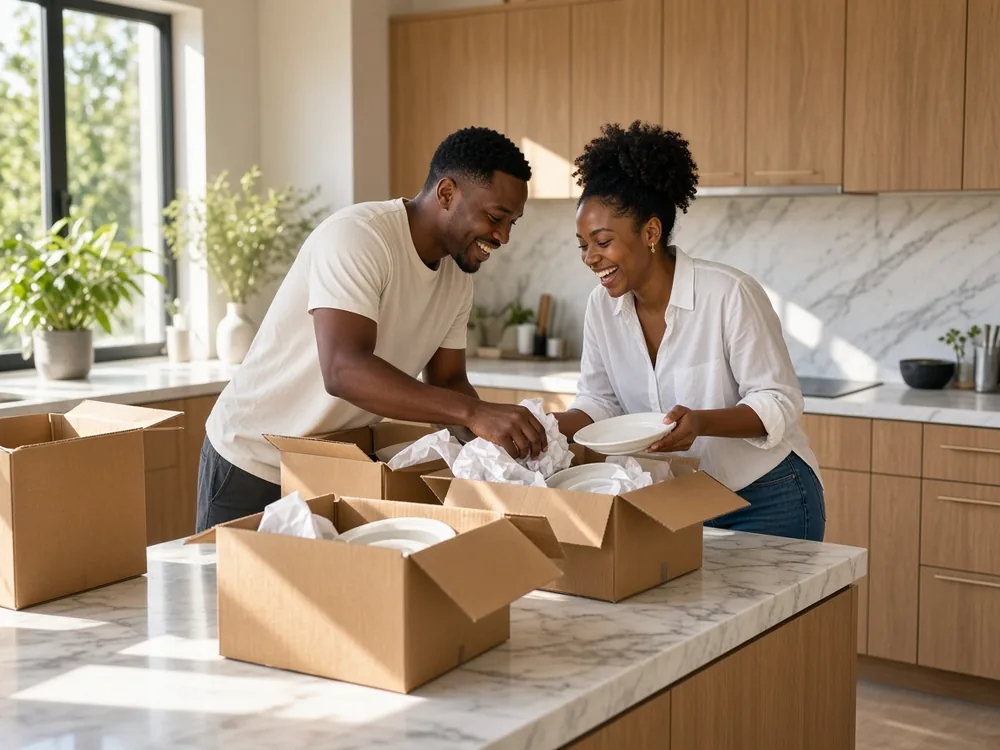 Pareja desempacando platos en la cocina iluminada de su nueva casa