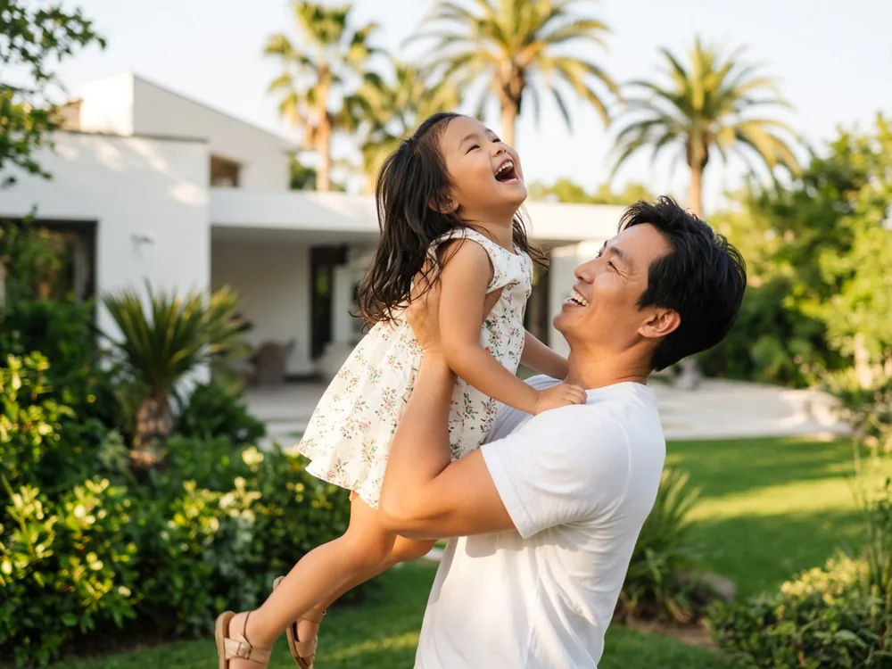 Father lifting his laughing daughter in the backyard of their Southern California home