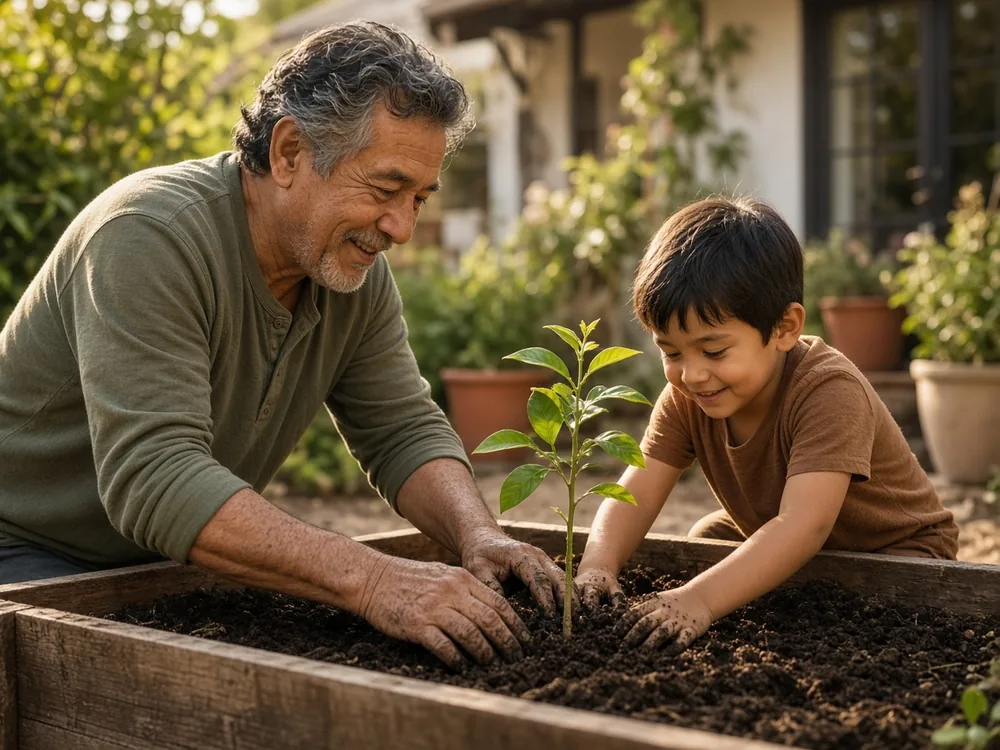 Abuelo y nieto plantando juntos un árbol joven en el jardín