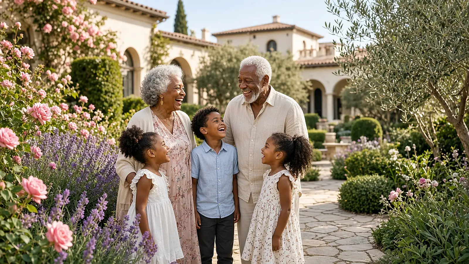 Abuelos riendo con sus nietos en el elegante jardín de su casa