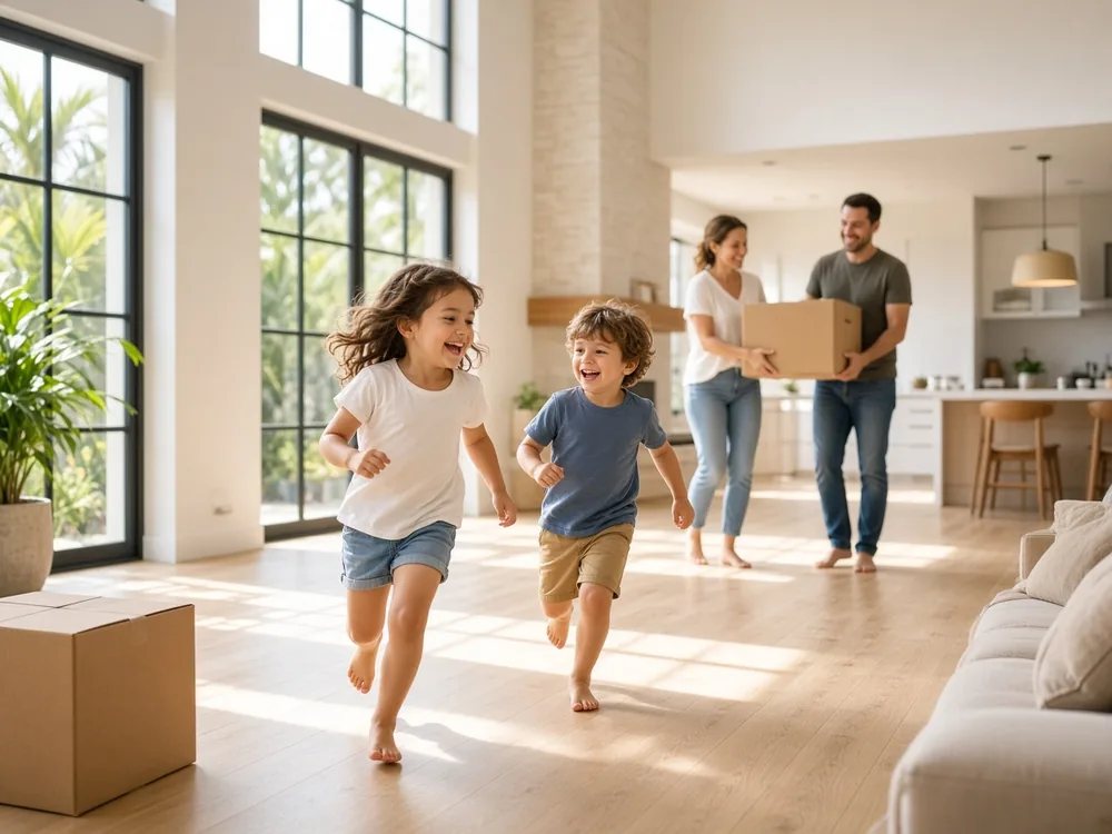 Niños corriendo por la sala de su nueva casa el día de la mudanza