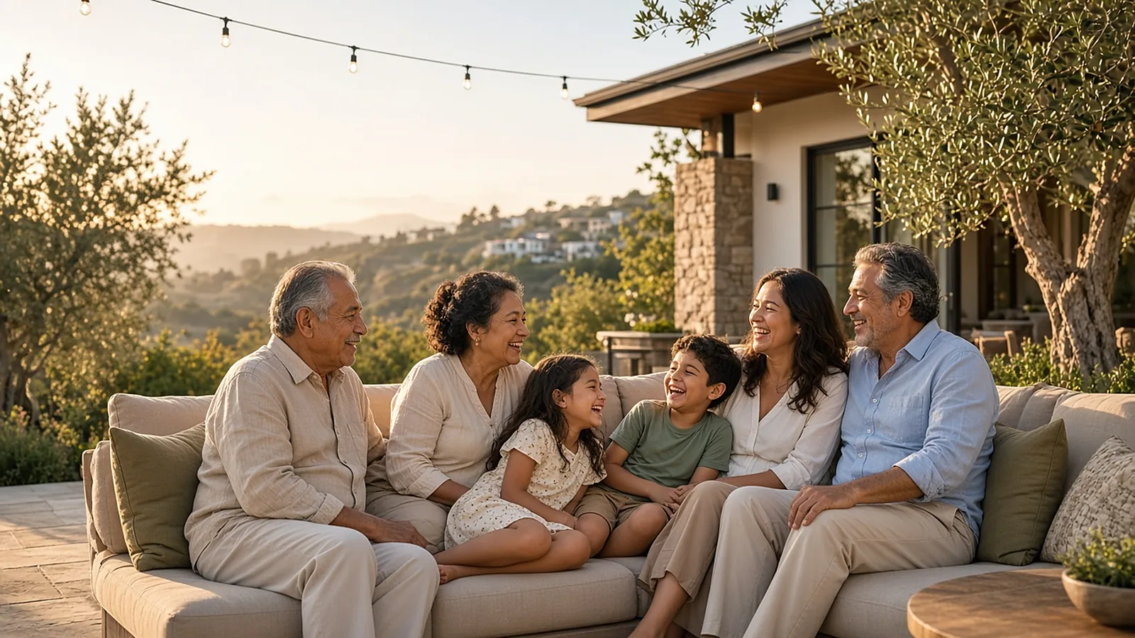 Multigenerational family relaxing together on the patio of a Southern California home at golden hour