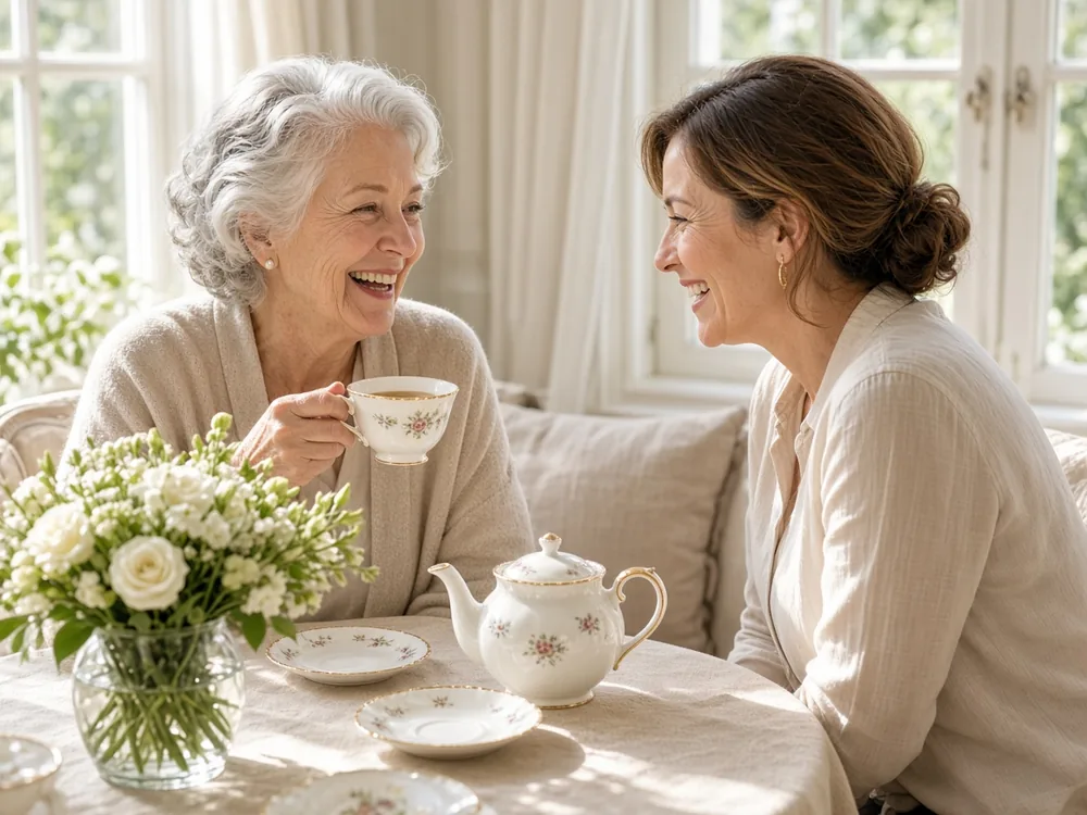 Mother and adult daughter sharing tea and laughing in a sunlit room