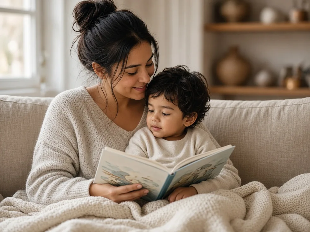 Mother reading a picture book to her young son on the sofa