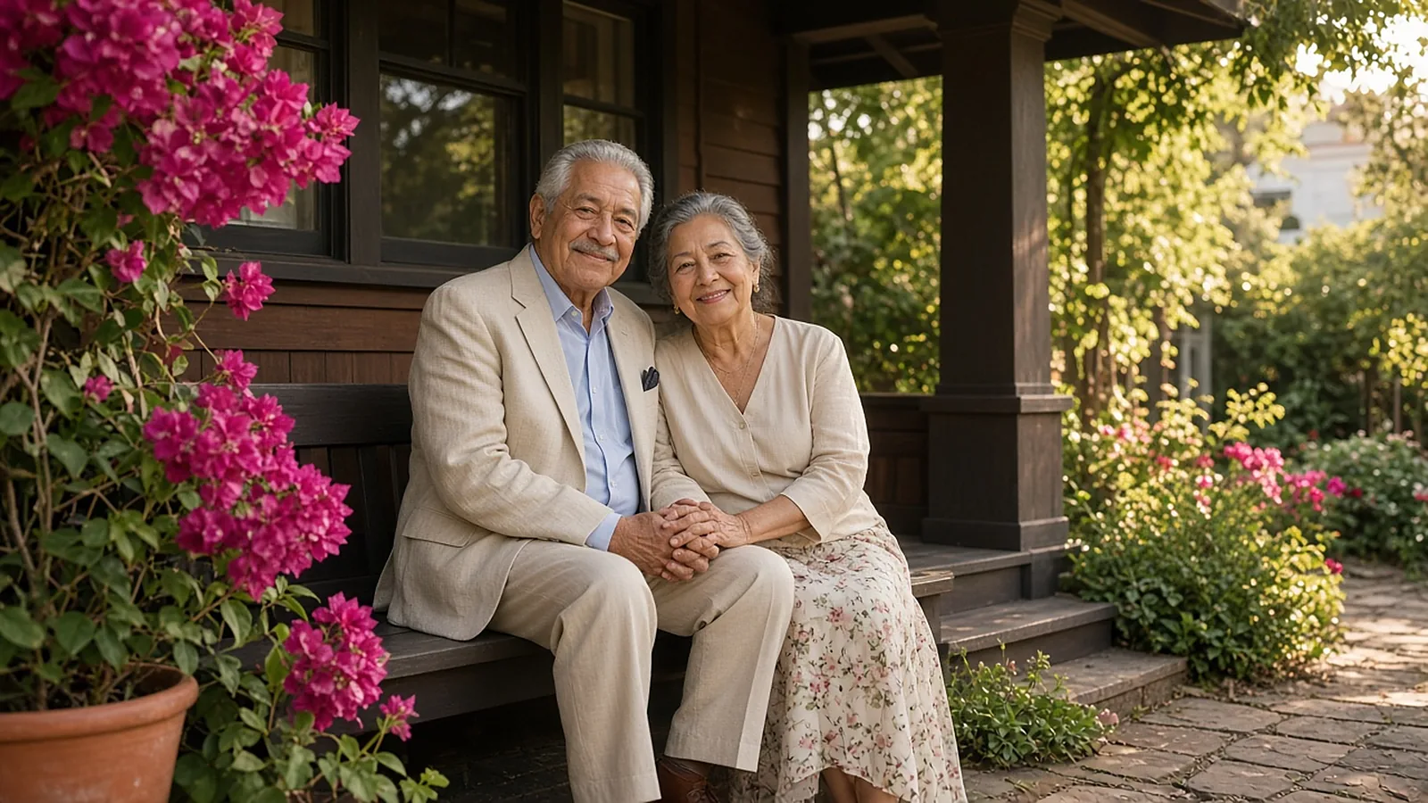 Older couple holding hands on the front porch of their home