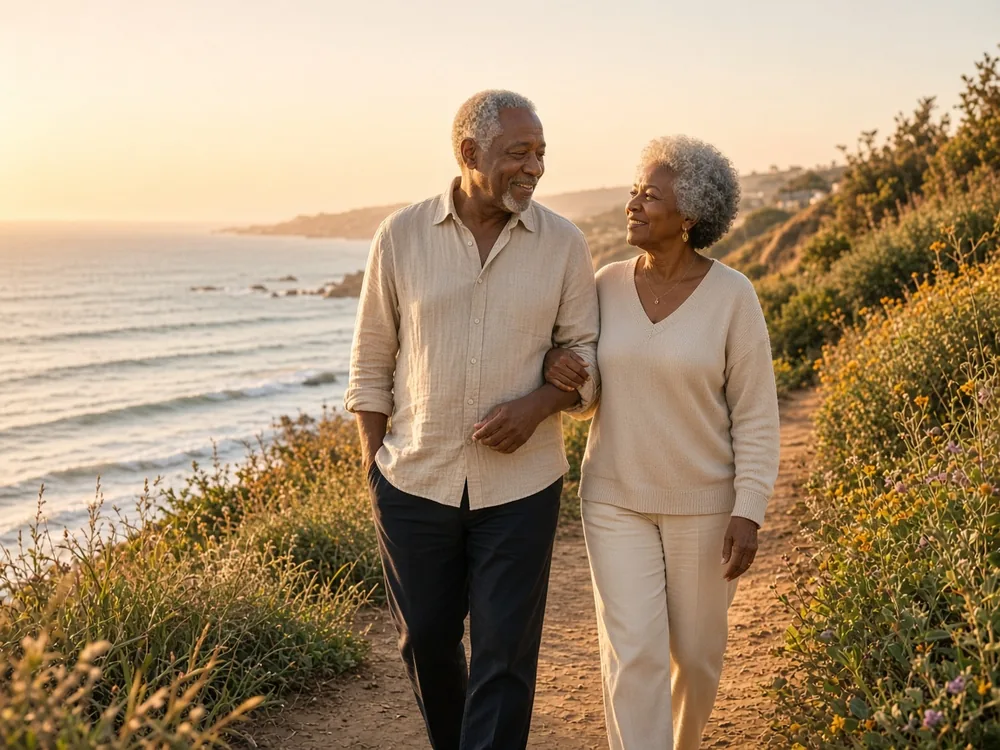 Older couple walking arm in arm along a California coastal path at sunset