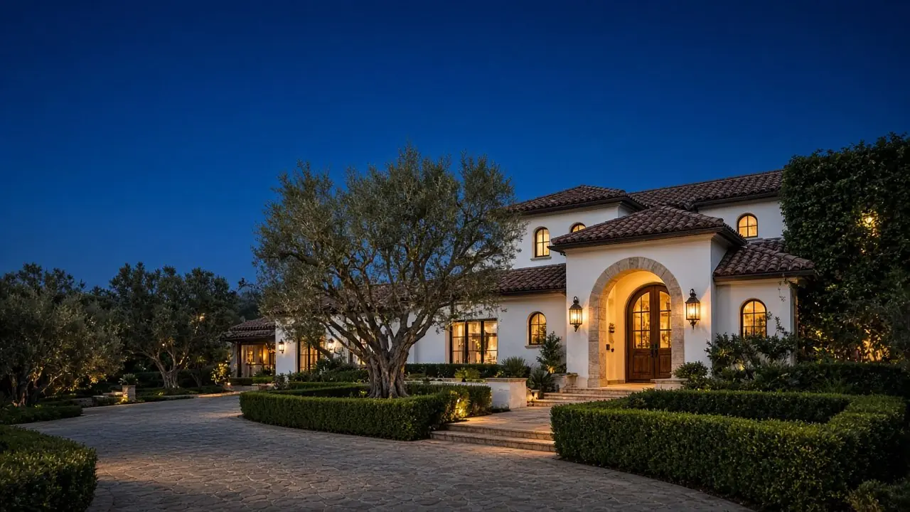 Casa estilo colonial español al anochecer