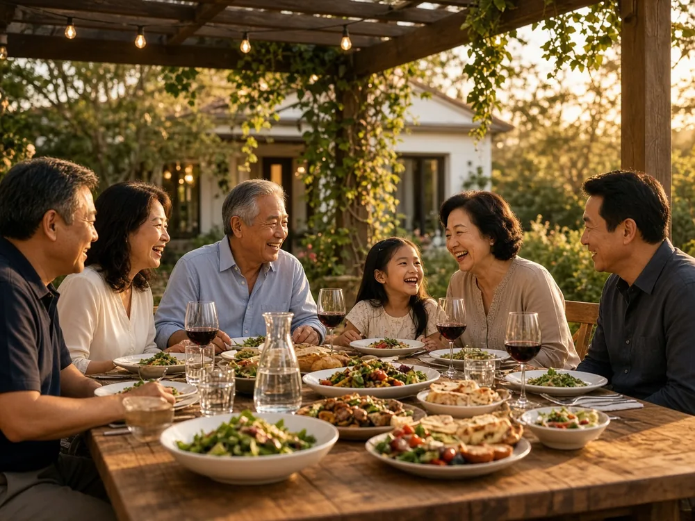 Tres generaciones de una familia compartiendo la cena bajo una pérgola al atardecer