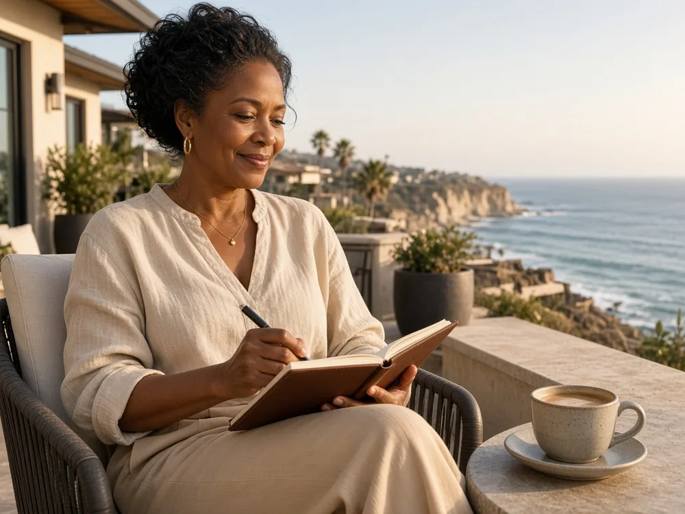 Woman writing in a notebook on a coastal terrace with an ocean view