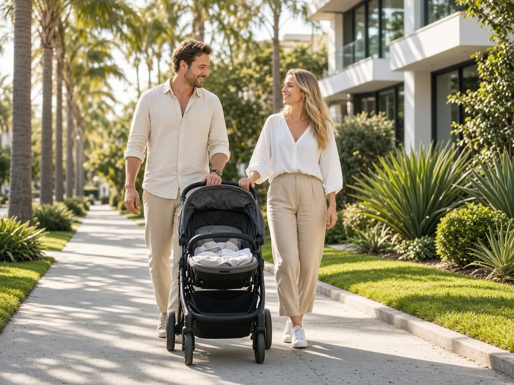 Young couple walking with a stroller through a palm-lined Southern California neighborhood
