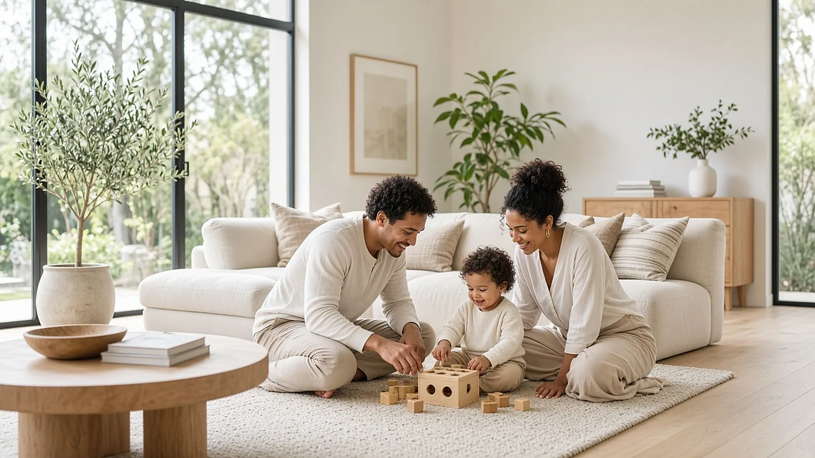 Young parents playing with their toddler in a bright modern living room